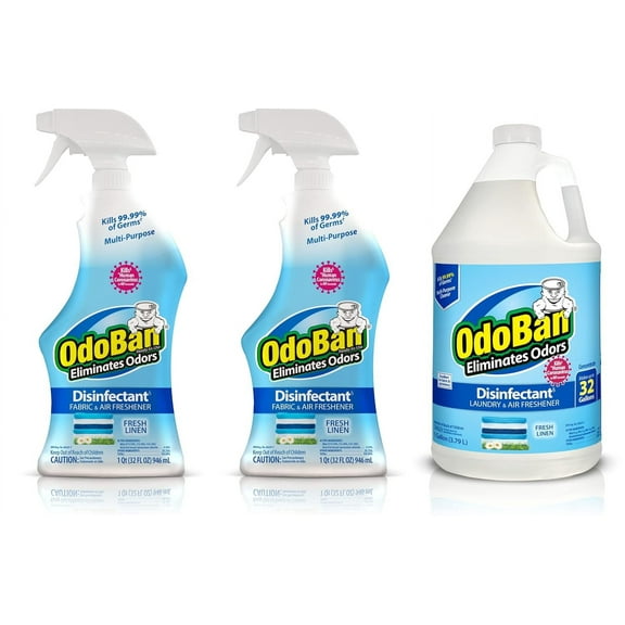 OdoBan Ready-to-Use Disinfectant and Odor Eliminator, Set of 3, 2 Spray Bottles, 32 Ounces Each and 1 Gallon Concentrate, Fresh Linen Scent