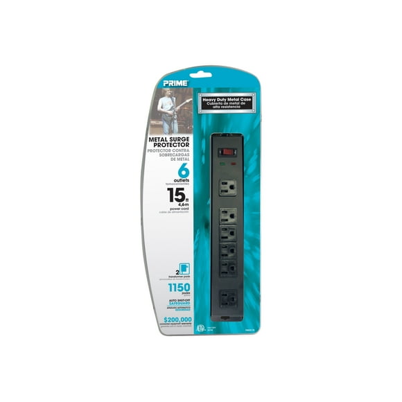 Prime PB802135 - Parasurtenseur - AC 125 V - 1875 Watt - Connecteurs de Sortie : Cordon de 6 - 15 Pieds - Noir