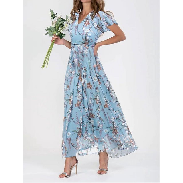 HH 2023 New Beach Large Swing Dress Chiffon Floral Short Sleeve Ruffled V-neck Fashion Waist-Controlled Dress