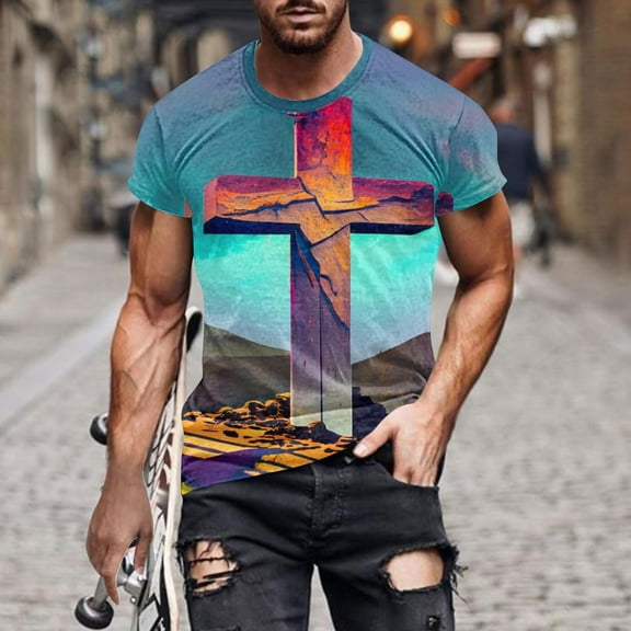 WXLWZYWL Plus Size Men' Jesus Cross 3D Printing T-Shirt Short SleeveRound Neck Funny Graphic Tees Tops Christian Religious Bible T-Shirts Blue M