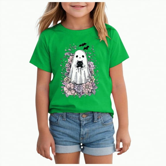 CAUYDY Boys Girls Halloween Shirts Toddler Short Sleeve Truck Boo Ghost Pumpkin Tee Tops T-Shirts(Green,7-8 Y)