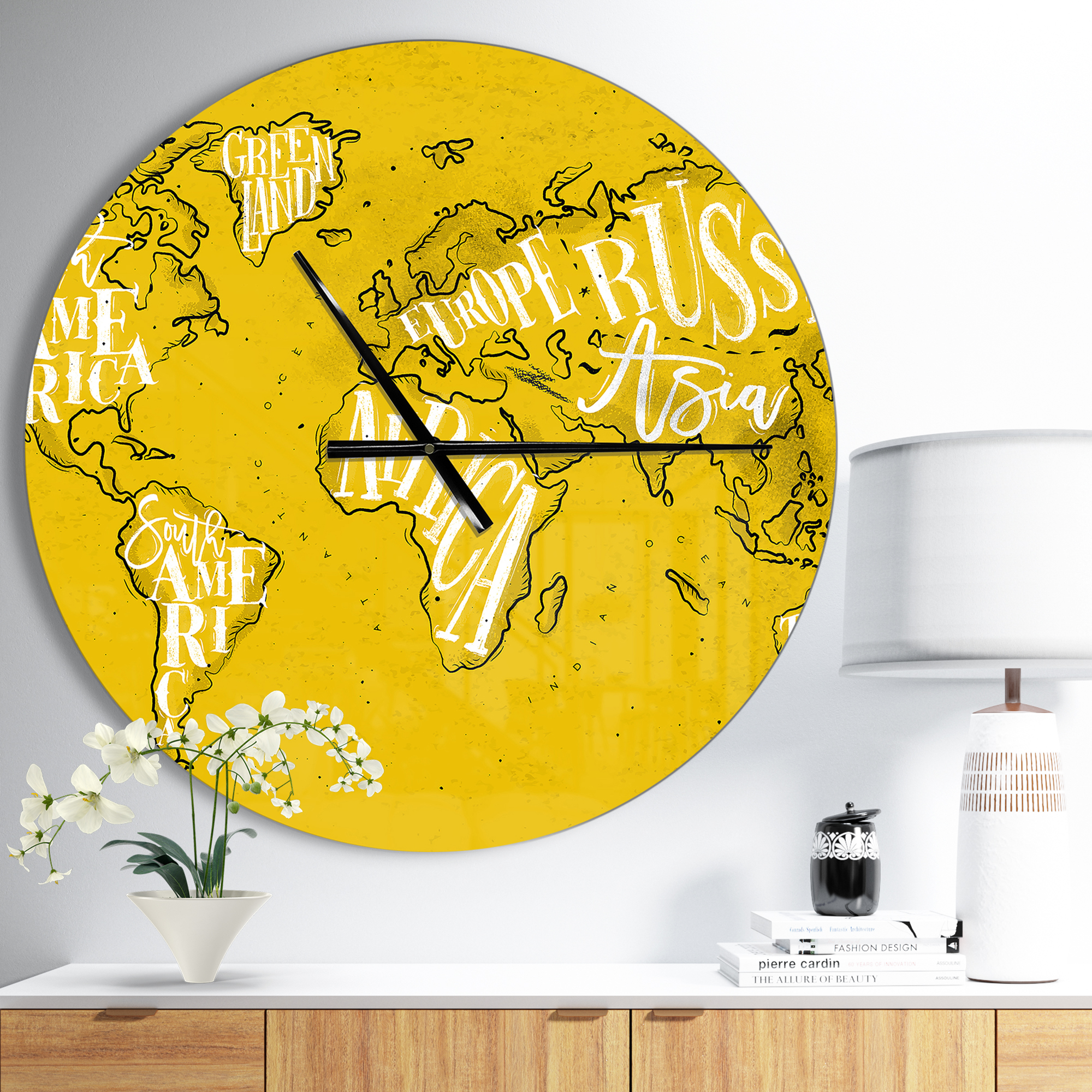 Designart 'Vintage Yellow Worldmap ' Modern wall clock