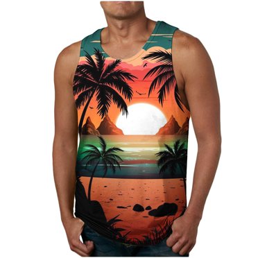 CEHVOM Basketball Palm Tree Tank Top for Men, Hawaii Tank Top Men Cool Novelty Printed Graphic Sleeveless Beach Tank Top, Muscle Shirt for Workout Gym Jogging , Hawaii Summer Vacation Tanks