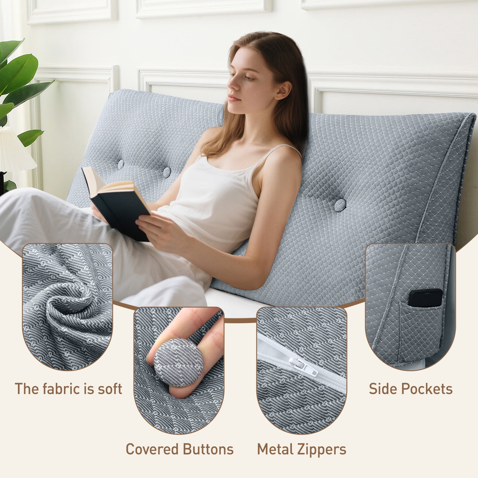 Wedge Headboard Pillow King, Triangular Wedge Pillow Headboard, Wedge Headboard Pillow for Bed Sofa, Daybed Pillows for Sitting up, Reading or Working with Removable Cover, Blue Grey