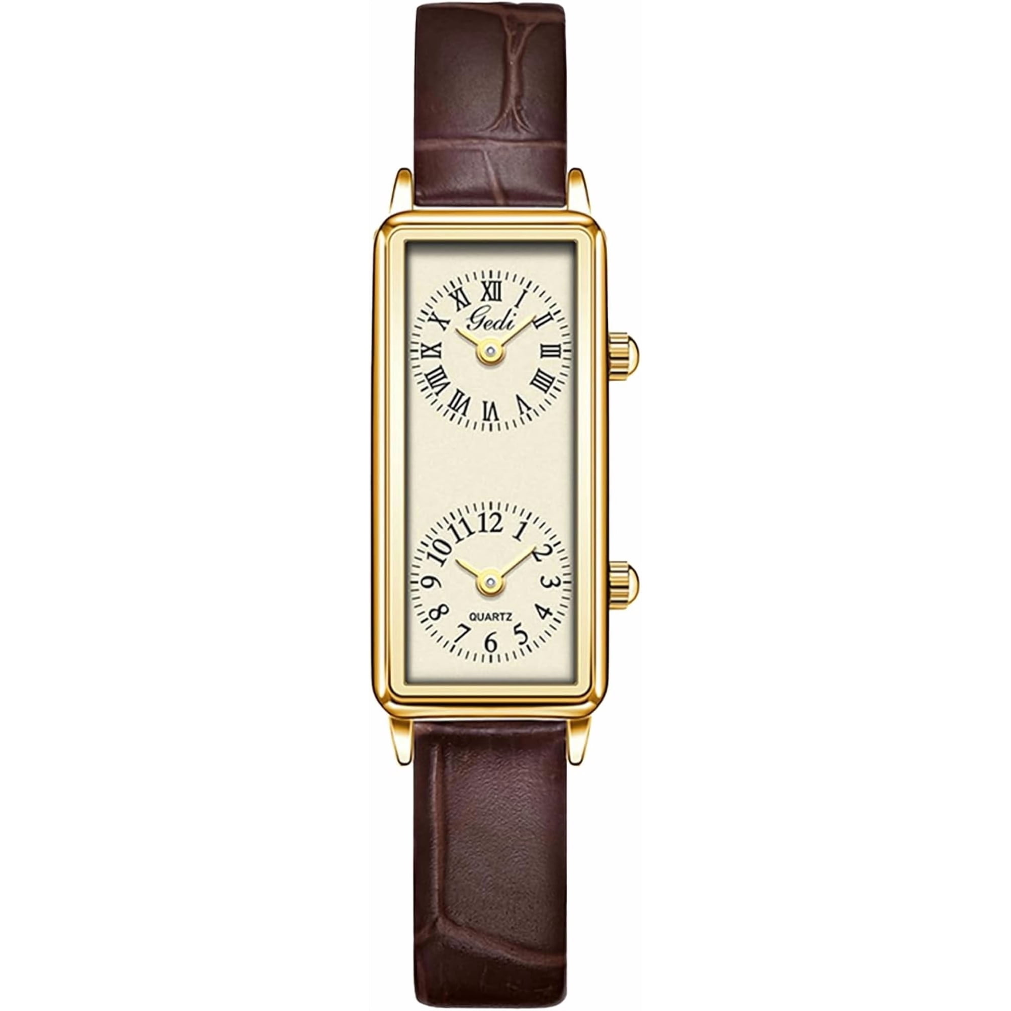 Women’s Vintage Rectangle Watch Dual Time Zone Waterproof Ladies Quartz Analog Watch for Small Wrist with Two Dials, Roman & Arabic Numerals, Leather Strap for Travel & Business