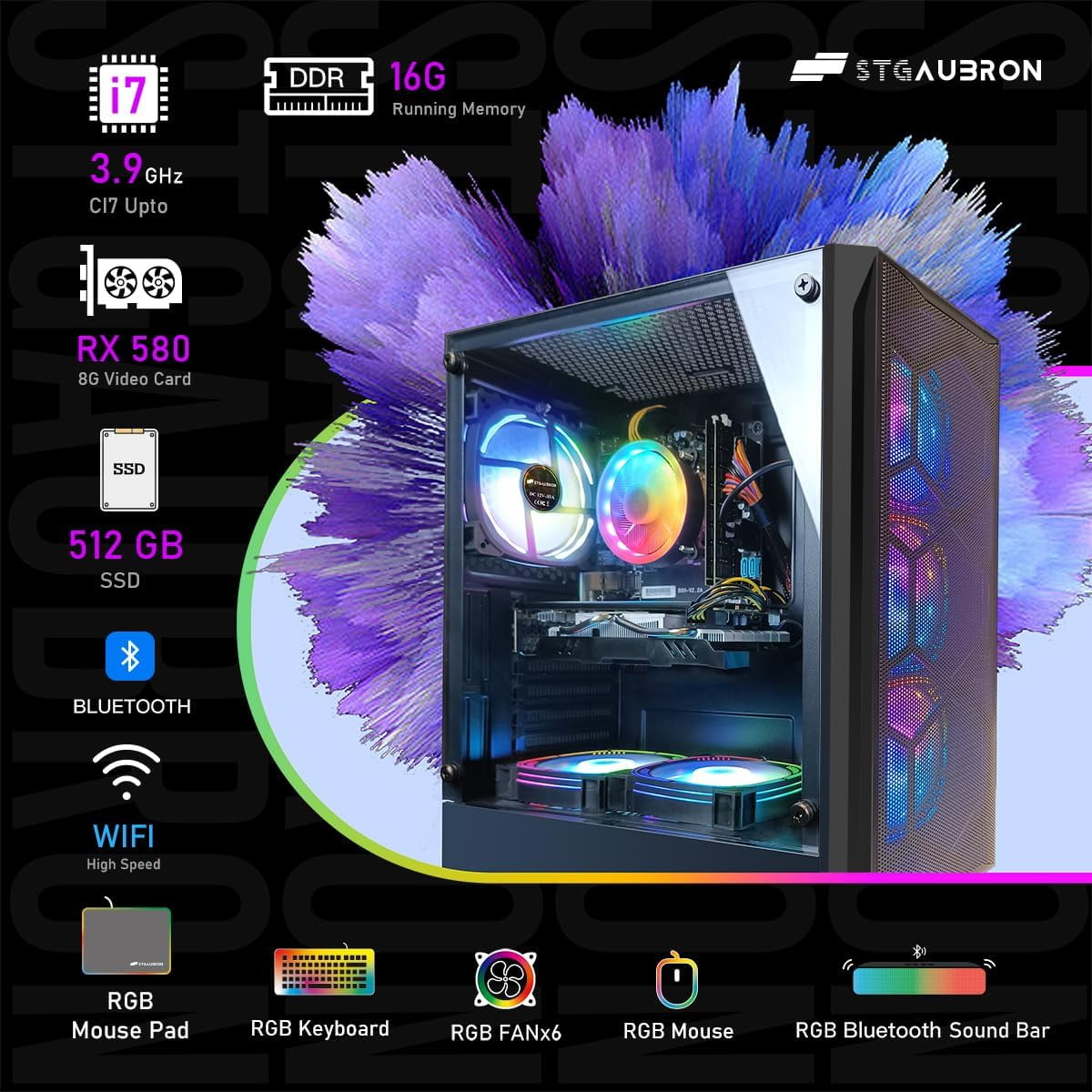 STGAubron Gaming Tower PC, Intel Core I7 up to 3.9 Ghz, Radeon RX 580 8G Graphics, 16G Ram, 512G Ssd, Wifi, Bt 5.0, RGB Fan x6, W11H64