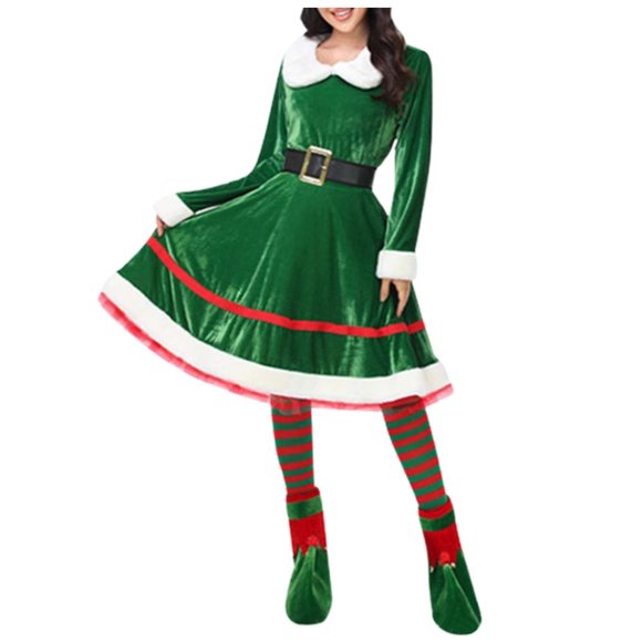 HOWPAY Christmas Elf Costume Women Santa Claus Helper Gown Long Sleeve Outfits Holiday Cosplay Party Novelty Xmas Fancy Dress Costume Green S