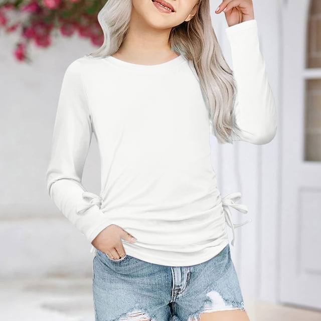 MKOSPLRT Girls Long Sleeve Shirts Round Neck Ruched Knot Tops Casual Pleated T Shirts Basic Solid Color Blouses Fashion Y2K Tunic Shirts