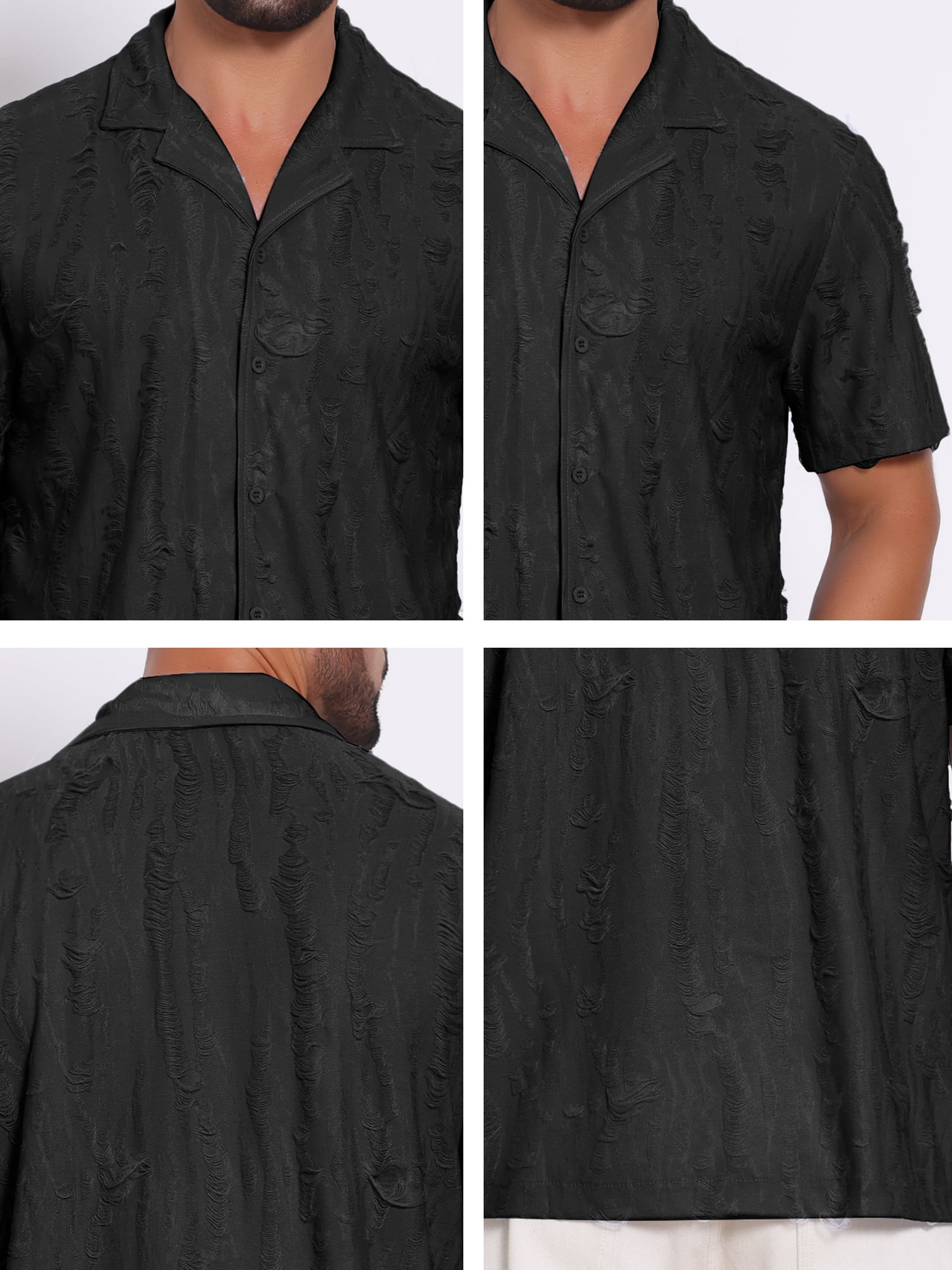 DARING DIVA Men's Camp Collar Button Down Short Sleeve Distressed Ripped Shirts XL Black