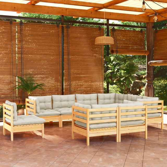 vidaXL 9 Piece Garden Lounge Set with Cream Cushions Solid Pinewood