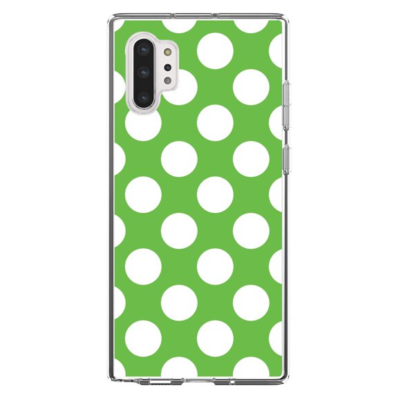 DistinctInk Clear Shockproof Hybrid Case for Galaxy Note 10 PLUS (6.8" Screen) - TPU Bumper, Acrylic Back, Tempered Glass Screen Protector - White & Green Polka Dots