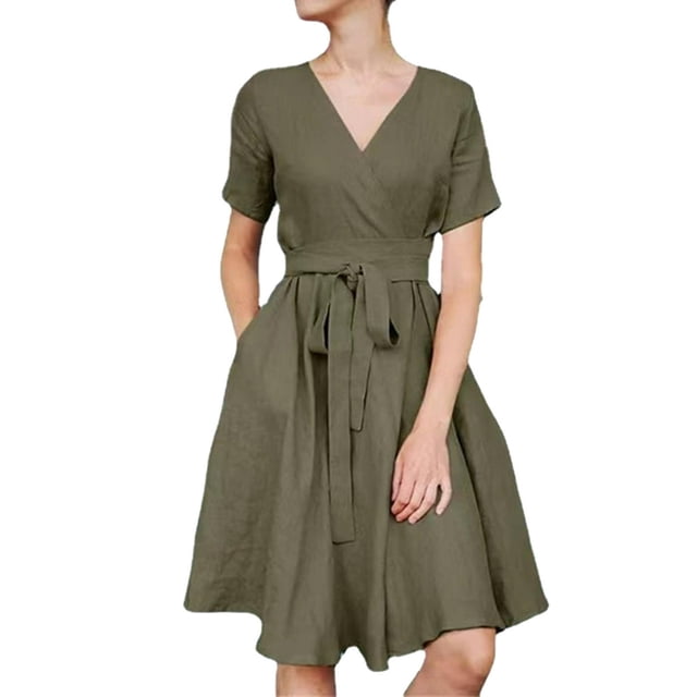 Femmes Casual Robe Noeud Ceinture Coton Robe à Manches Courtes Confortable Plage Robe de Soleil
