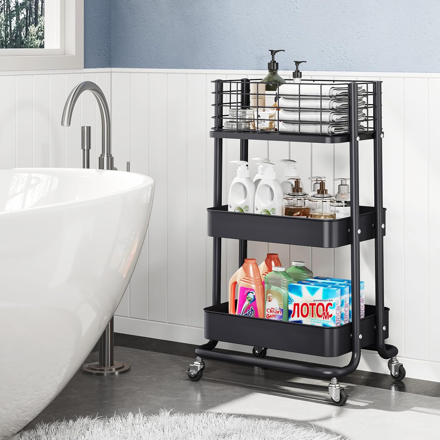 3-Tier Metal Rolling Utility Cart, Rolling Cart Organizer, Storage Cart on Wheels, Book Cart, Diaper Cart for Bathroom, Kitchen, Office, Bedroom, Black