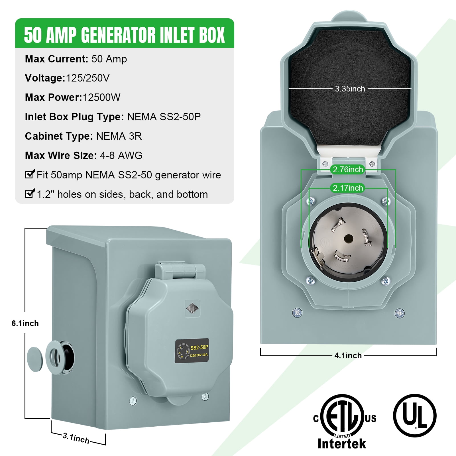 50 Amp Generator Extension Cord with Power Inlet Box, Heavy Duty 3 Prong Extension Cord Twist Locking Adapter Plug for RV Camper & Generator to House, ETL Listed