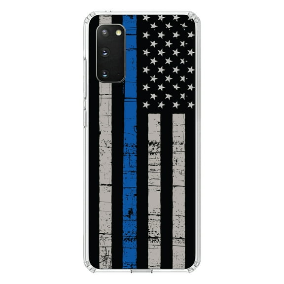 DistinctInk Clear Shockproof Hybrid Case for Galaxy S20 / S20 5G (6.2" Screen) - TPU Bumper, Acrylic Back, Tempered Glass Screen Protector - Weathered Thin Blue Line US Flag - First Responders
