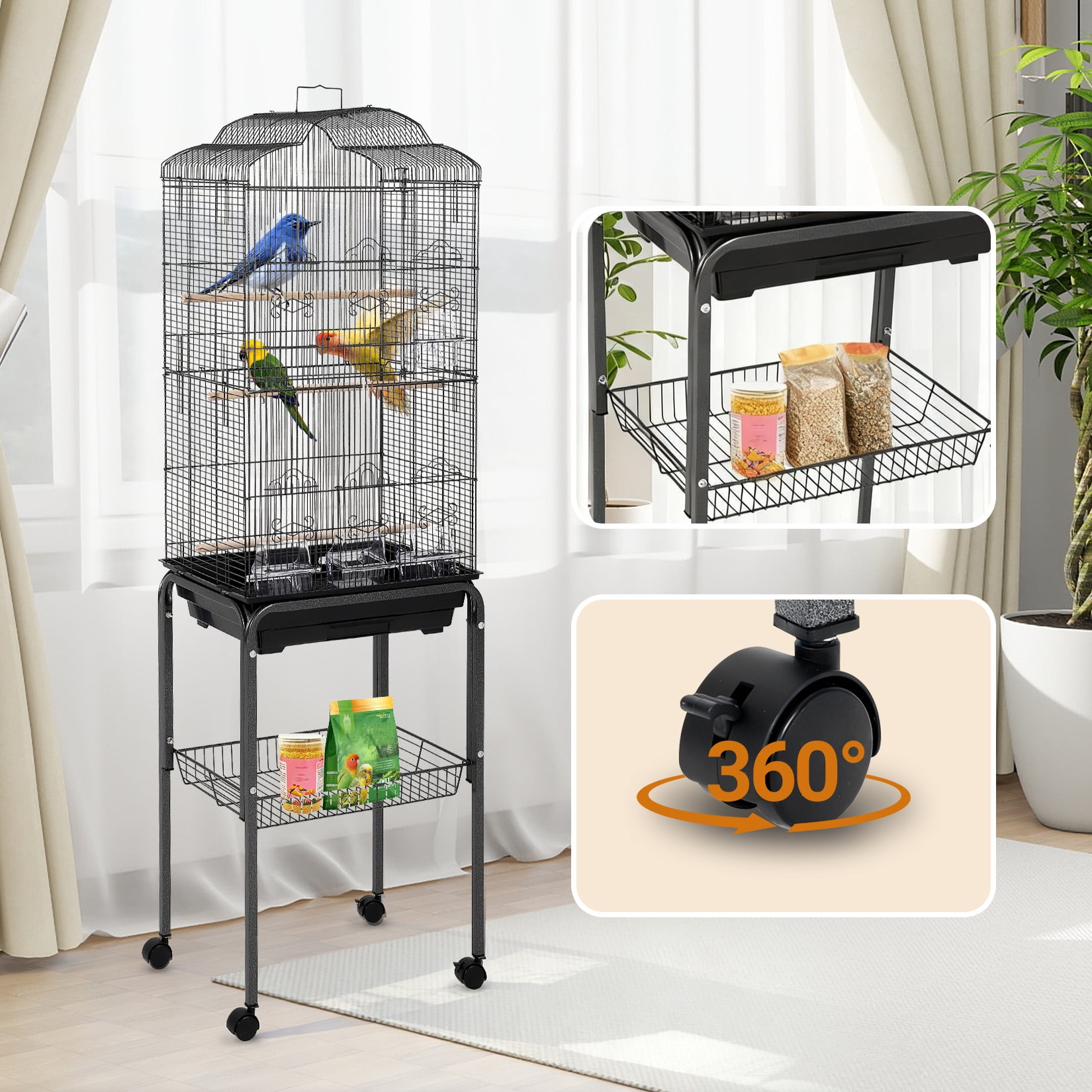 Multi-Level Metal Bird Cage with Storage Shelf & Rolling Stand – 4 Access Doors, Removable Tray, Perches, Food Bowls, Durable, Easy Clean, Detachable Stand – Model 6103H+B2