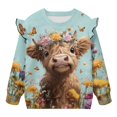 thumbnail image 5 of Xoenoiee Highland Cattle Butterfly Flower Print Sweatshirt for Girls Ruffle Pullover Top Casual Long Sleeve Shirt Kids Crewneck Sweater Streetwear, Size 1-2 Years, 5 of 7