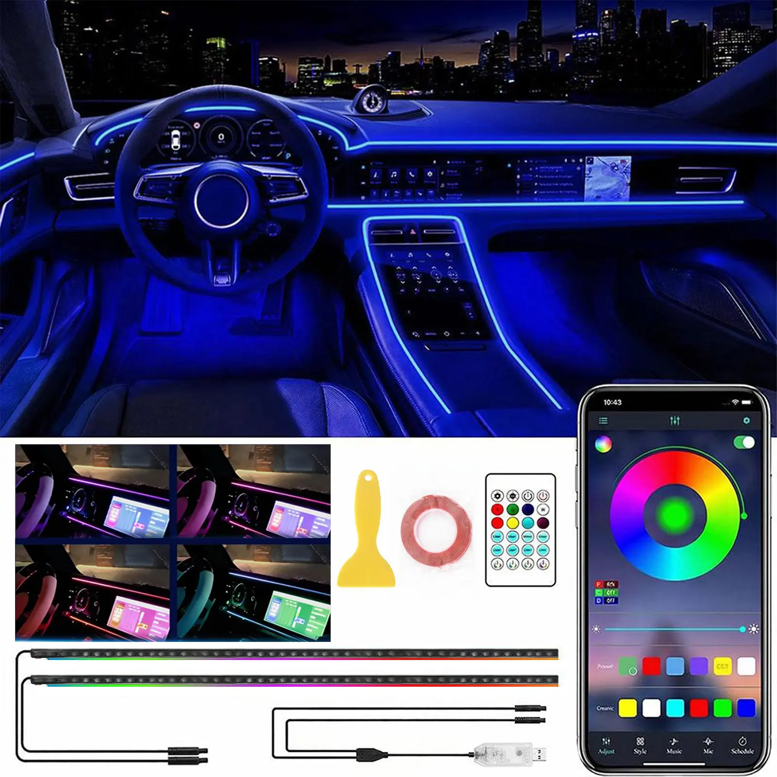 Ceesooi Smart LED Interior Car Lights, USB Powered RGB Car Ambient Lighting with App Control & Music Sync, DIY Mode 110cm+110cm 2-in-1 Design, Multi-Color Decor for Cars Trucks，Gift for Men & Women