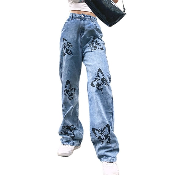 Coduop Women High Waist Butterfly Print Jeans Straight Leg Baggy Denim Pants