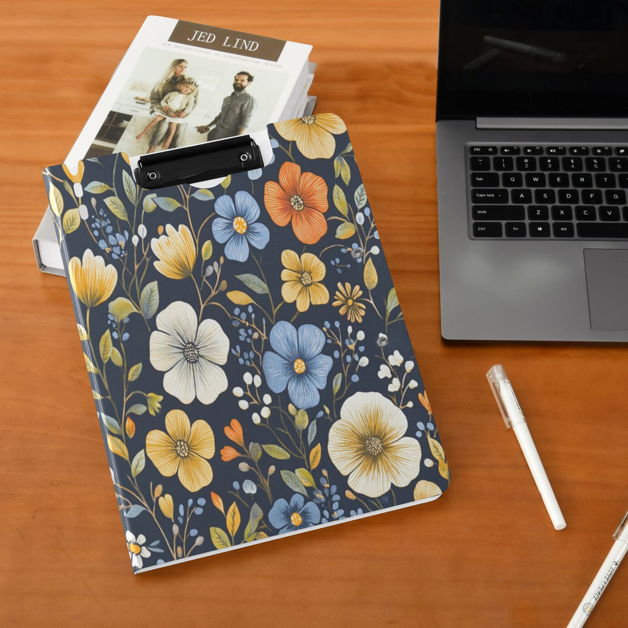 FORMRS A4 Clipboard Folder with Pen Holder Horizontal Foldable School Office Binder, Navy Floral Pattern