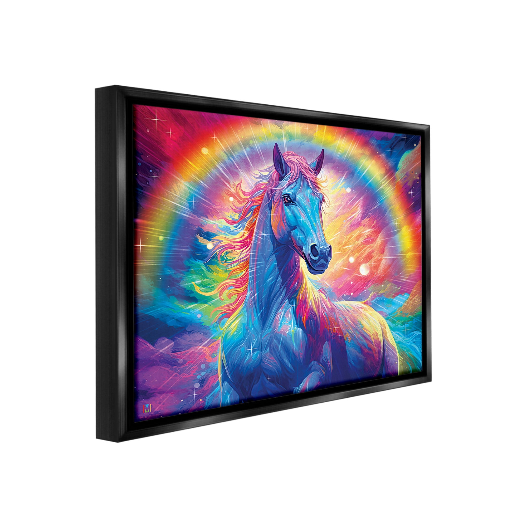 Stupell Industries Vivid Rainbow Horse Animals & Insects Painting Black Floater Framed Canvas Art Print Wall Art, 31 x 25