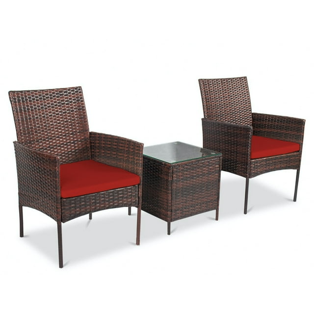 Grace 3 Piece Rattan Porch Patio Furniture Set – 2 Soft Cushion & Extra Comfort Chairs With a Beautiful Cafe Table - Red