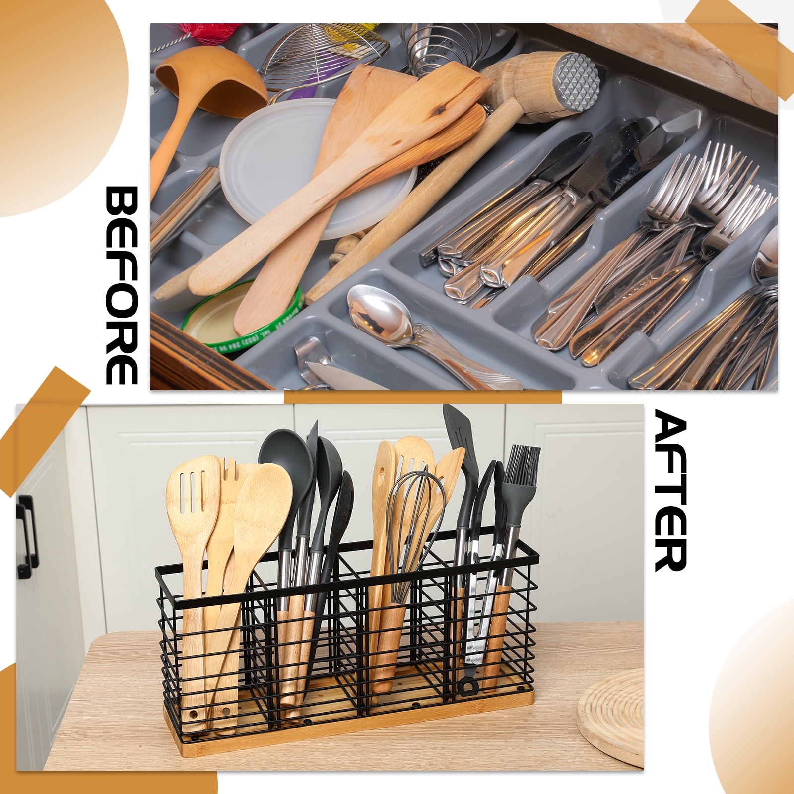 Bocaoying Utensil Holder for Kitchen Counter, Extra Large Kitchen Utensil Holder with 4 Compartments, Matte Black Metal Cooking Utensil Organizer with Wooden Base for Kitchen Countertop