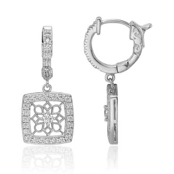 925 Sterling Silver Cubic Zirconia CZ Square Medium Hoop Drop Dangle Earrings