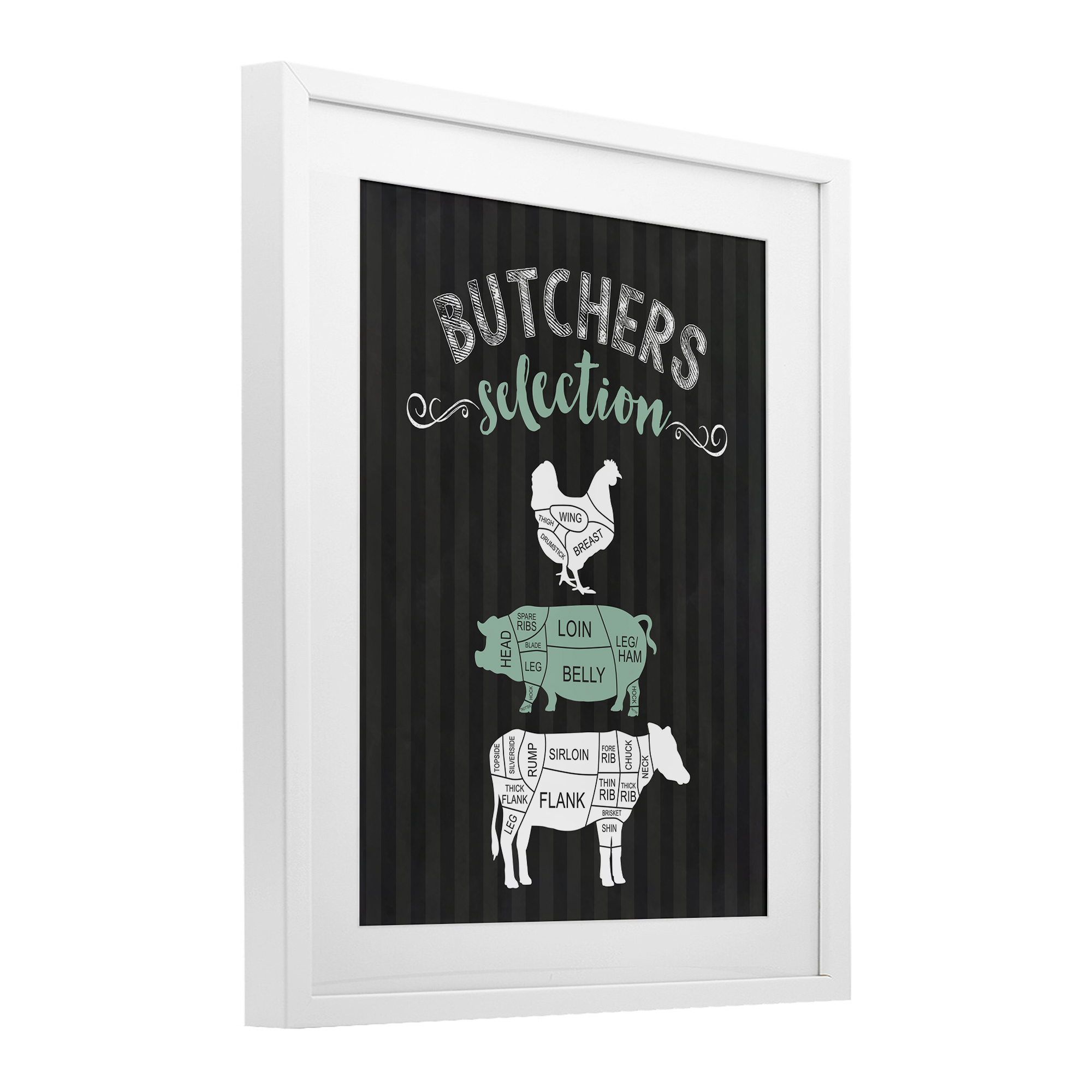 Butchers Selection Black & Green White Framed Print Under Glass, design by Lettered and Lined