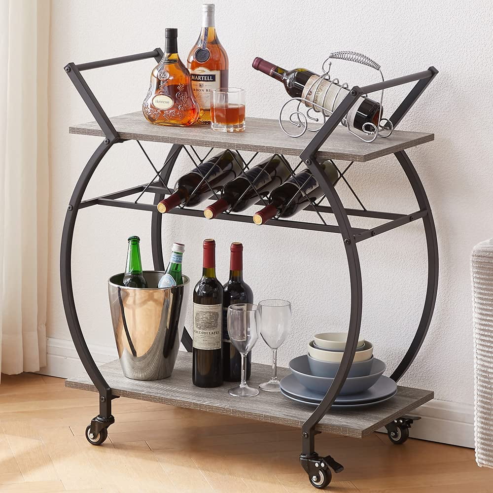 Gray Rustic Industrial Rolling Wheels Bar Cart w/Bottle Holder & Wine Glass  Rack