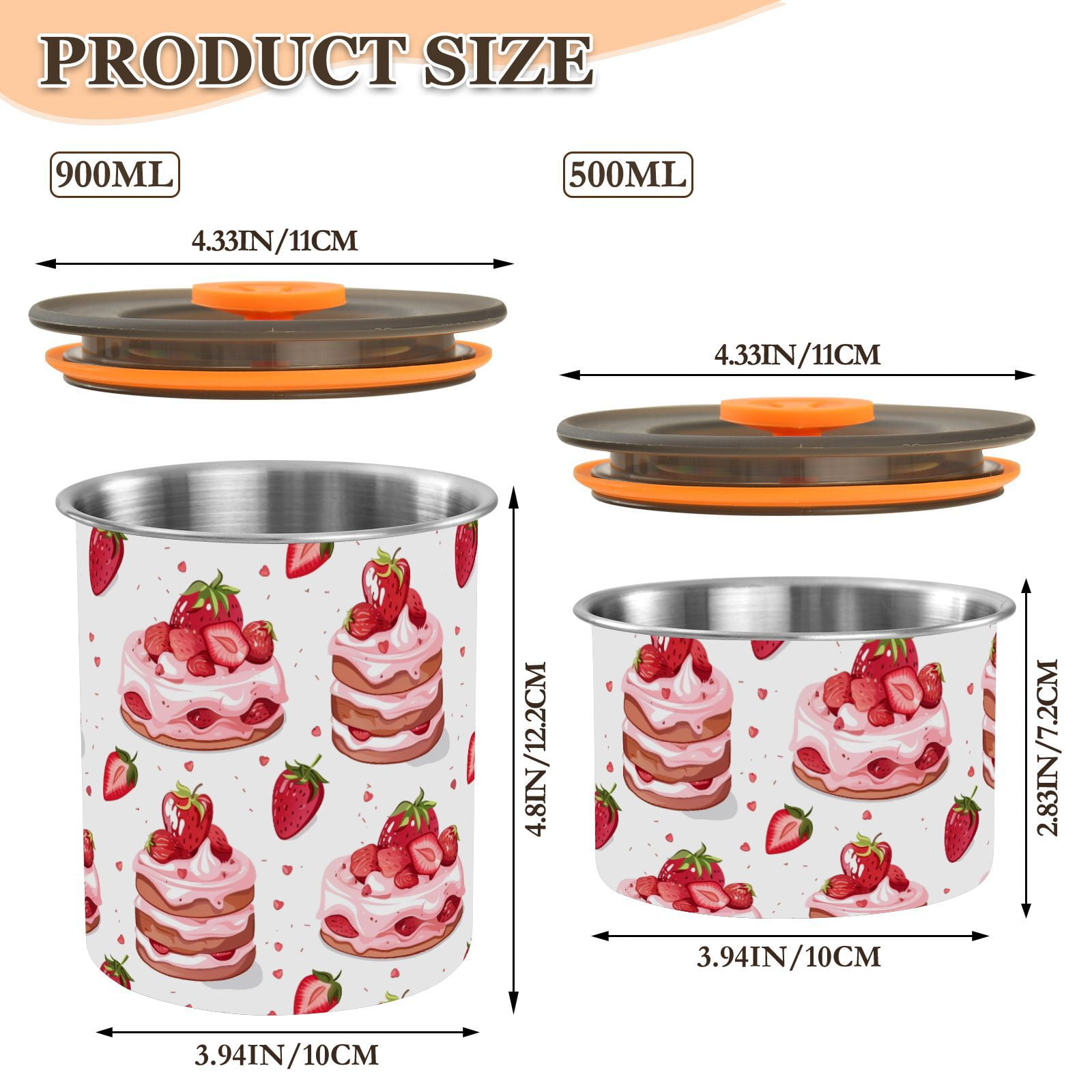 Strawberry Cake Hearts Airtight Coffee Bean Canister 30oz Food Storage Containers with Lids For Gournd, Tea, Sugar, Flour, Rice, Cereal, Candy Cookie Jar