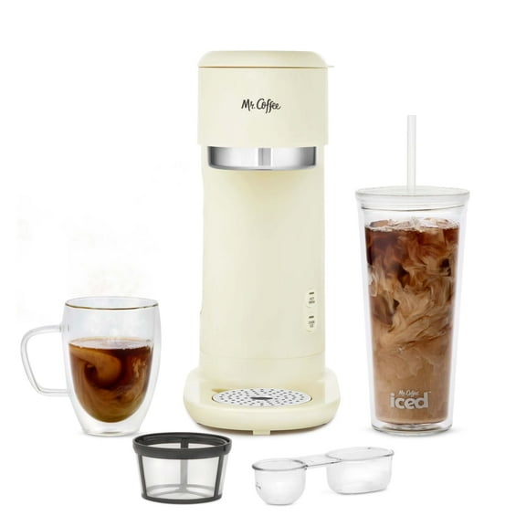 Mr. Coffee Single-Serve Iced and Hot Coffee Maker with Reusable Tumbler and Reusable Coffee Filter, Cannoli Cream