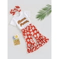thumbnail image 3 of Bagilaanoe 3pcs Toddler Baby Girl Long Pants Set Short Sleeve Letter Print T-shirt Tops + Floral Flare Trousers + Headband 6M 12M 18M 24M 3T 4T Kids Casual Outfits, 3 of 9