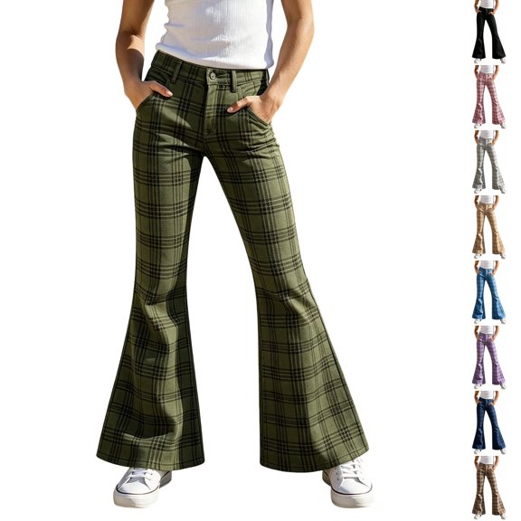 Resicozy Girls Plaid Flare Pants High Waist School Uniform Y2K Bell Bottoms Back to School Button Trousers with Pockets 5-15 Years Dark Green 160