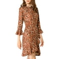 thumbnail image 3 of INSPIRE CHIC Women's Leopard 3/4 Bell Sleeves Asymmetrical Hem Dresses Brown XS, 3 of 8