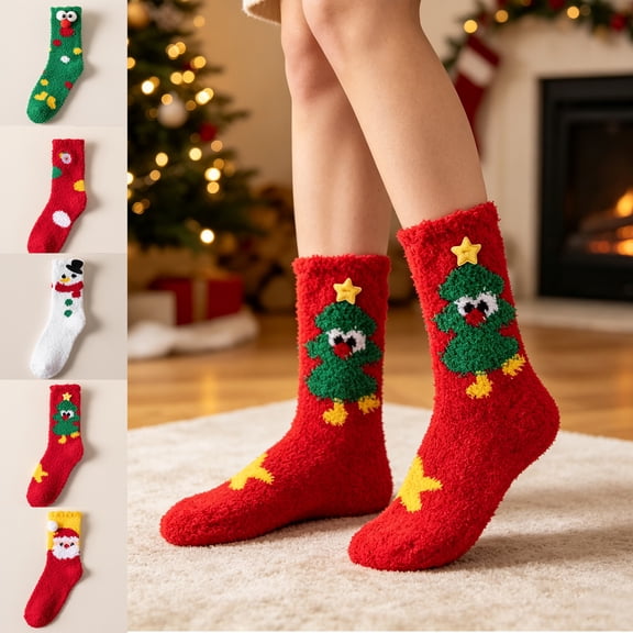 Fabrcox Fuzzy Slipper Socks for Women, Cute Mid-Calf Thicken Plush Non Slip Winter Warm Casual Christmas Printed Indoor Floor Socks for Home Sleeping (D)