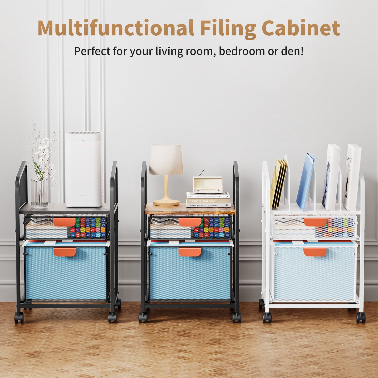 Marbrasse Rolling File Cart with 2 Drawers – Metal Moving Storage Cabinet, 3-Tier Mesh Office Organizer with Lockable Casters, Black Mobile File Organizer for Home, Office