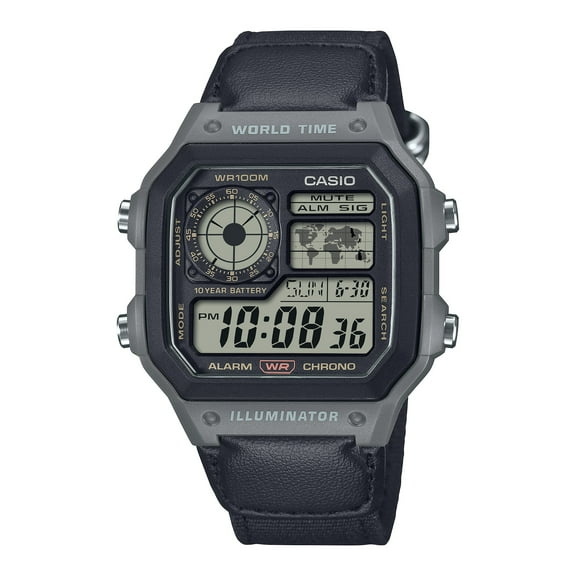 Casio Mens Digital Wristwatch Utility Collection 10-Year Battery Cloth Band Gray