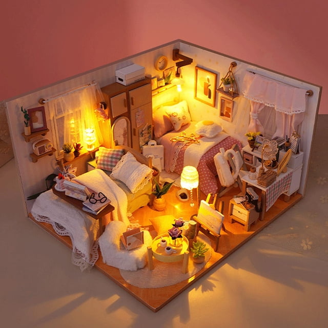 Kits de casa de muñecas en miniatura de madera Caja de habitación con muebles y adornos Moderno Fácil de montar Regalo perfecto Dormitorio creativo CUTICAT casa de muñecas en miniatura