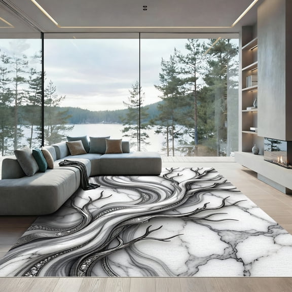 ODIKA 4'x6' Machine Washable Non-Slip Area Rug, Abstract White High Traffic Rug, White, 1310556