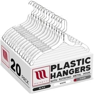Mainetti Clear Plastic Clothes Hangers 20 Pack | 17-Inch Space Saving Hangers with 360 Swivel Metal Hook & Notches for Straps | Closet Hangers Ideal for Shirts, Tops, Dresses and Jackets (5400SCR20)