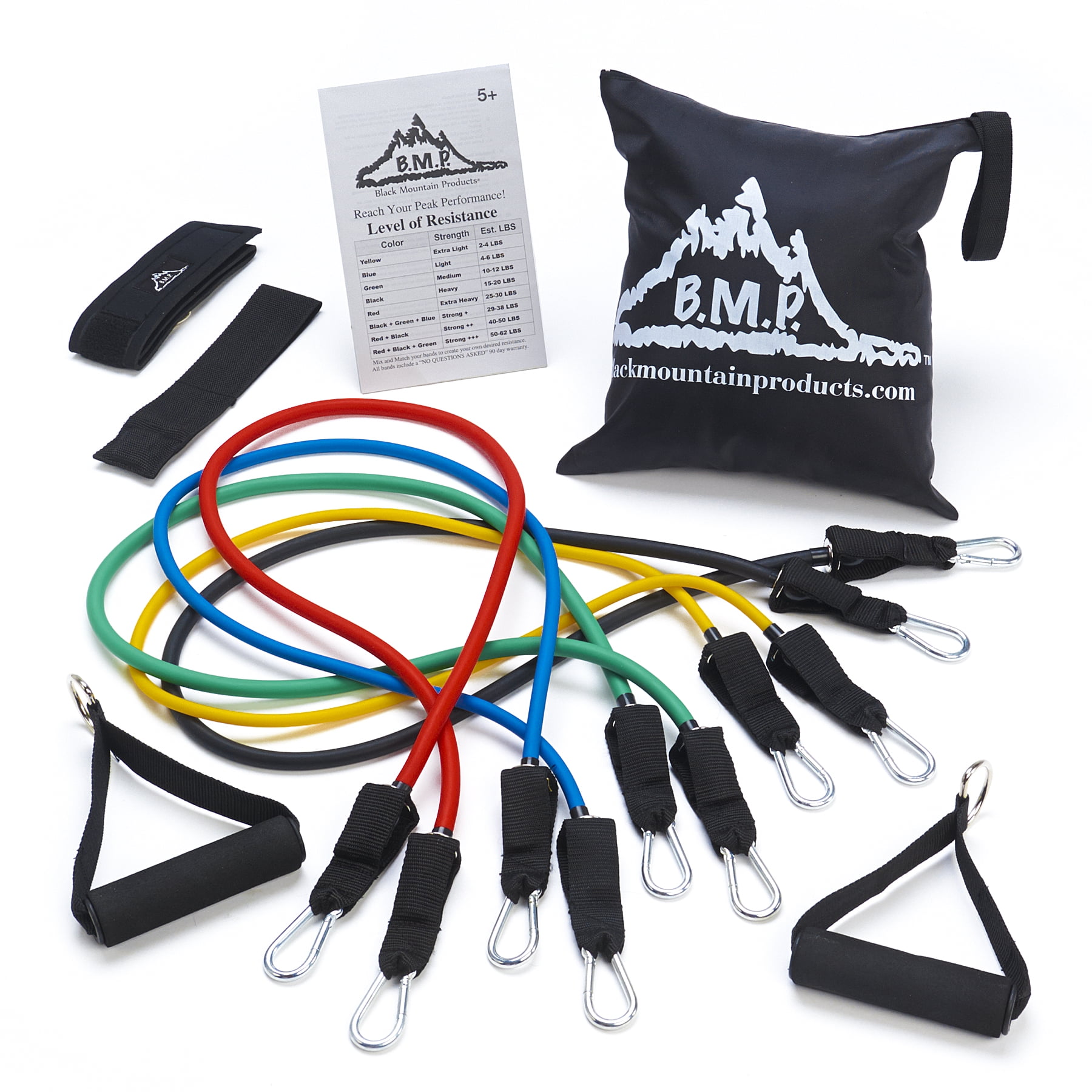 Black Mountain Products Rubber Resistance Band Set with Door Anchor, Ankle  Strap, Exercise Chart, and Resistance Band Carrying Case - Walmart.com