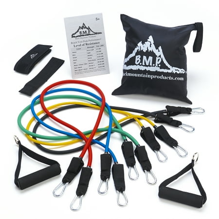 Black Mountain Products Rubber Resistance Band Set with Door Anchor  Ankle Strap  Exercise Chart  and Resistance Band Carrying Case