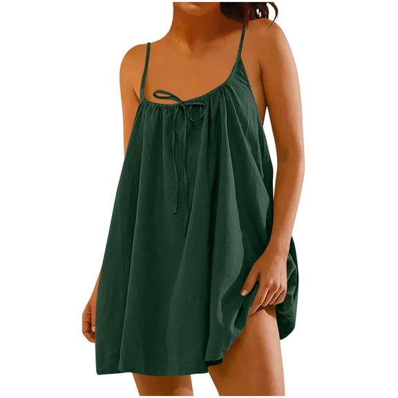 Xdegoge Summer Boho Solid Color Spaghetti Strap Mini Dress for Women Casual Halter Tie Front Sleeveless Beach Sundress Flowy Swing Shift Dress Lightweight Vacation Date Outfit