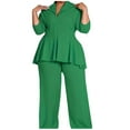 thumbnail image 2 of Dazajoo Women's Plus Size Two Piece Sets Long Sleeve Zip Up Peplum Blazer and Wide Leg Pant Suits Dressy Business Casual Office Work Outfits,Green,XXXXL, 2 of 5