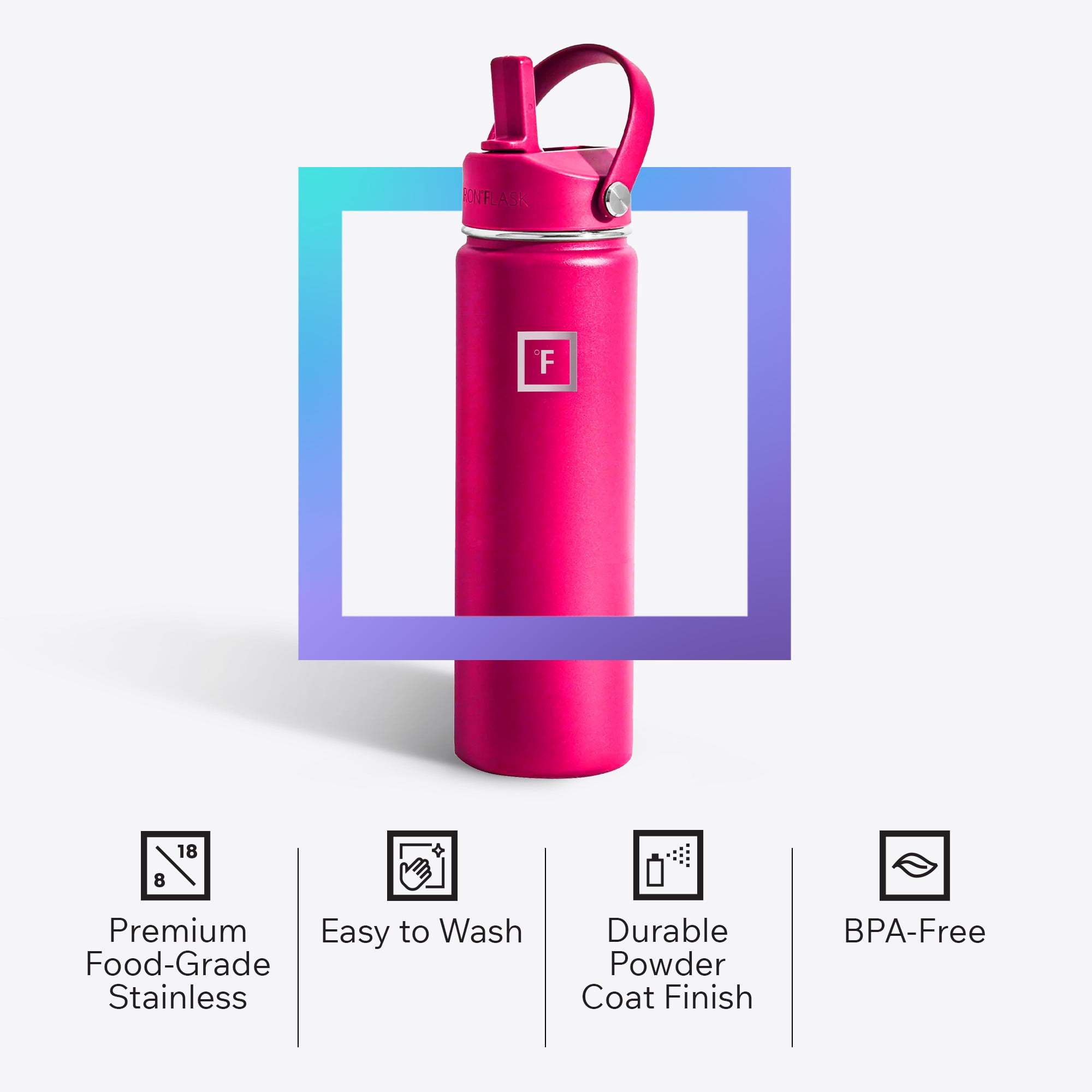 Iron Flask Stainless Steel Water Bottle 22 oz Orchid Pink with 3 Lids