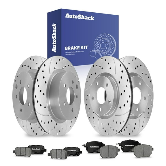 AutoShack Front Vented & Rear Vented Drilled & Slotted Coated Brake Rotors Silver Matte Finish   Ceramic Pads 12-PC Brake Kit Replacement for 2009-2011 Nissan Murano TurboGuard