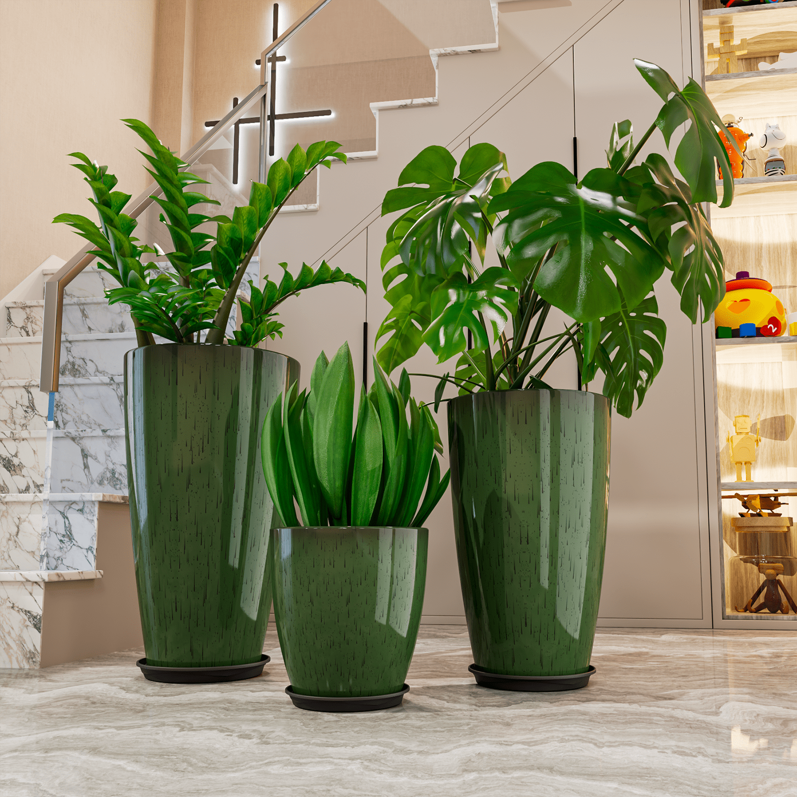 24,21,10 inch Large Planter for Indoor & Outdoor Plants, Set of 3, Sturdy Plant Flower Pots Modern Decor for Front Porch Patio,Green