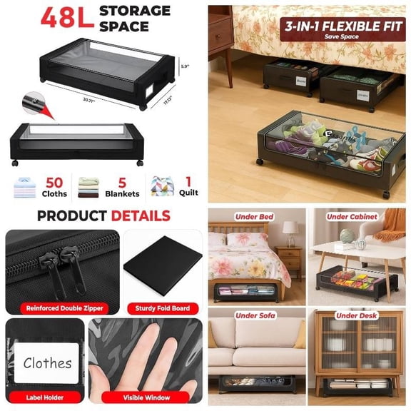 Set of 2 Under Bed Storage Drawers - Expandable Rolling Bins with Wheels, Fits Queen/King Beds