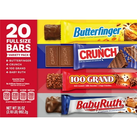 Assorted Chocolate-y Candy Bars, Bulk Full Size Variety Pack with Butterfinger, Crunch, Baby Ruth & 100 Grand Bars, Perfect Valentine’s Day Gift, 20 Count